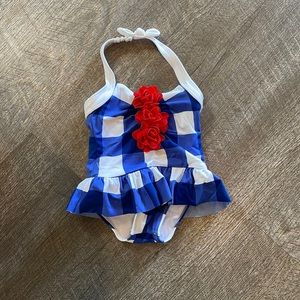 janie and jack blue & white gingham infant swimsuit with red flowers 6-12M